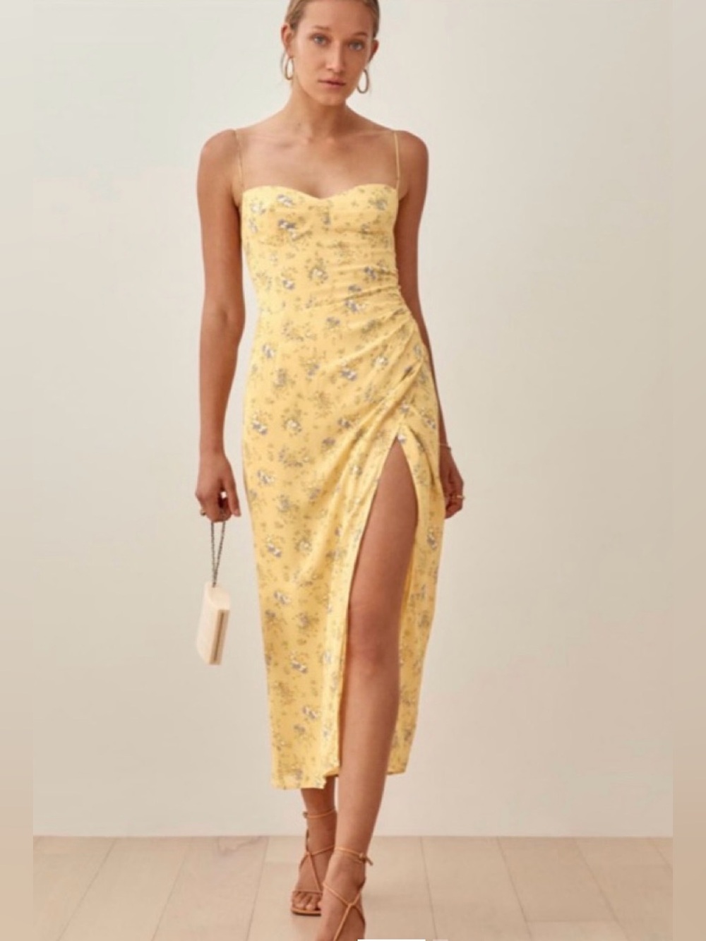 Reformation Kourtney Yellow Floral Slip Midi Dress with Thigh Slit